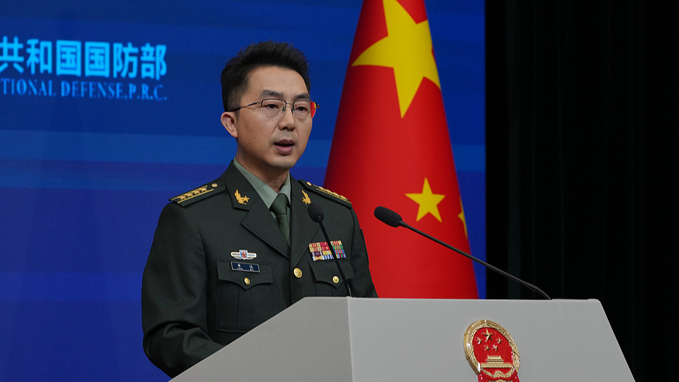 Chinese Ministry of National Defense spokesperson Jiang Bin speaks during a monthly press briefing, in Beijing, China, January 29, 2026. /VCG