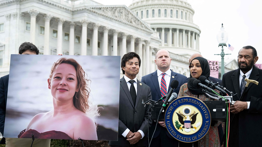 U.S. Representative Ilhan Omar, Democrat of Minnesota, speaks alongside fellow Democrats and a photograph of Renee Good, in Washington, DC, U.S., January 14, 2026. /VCG