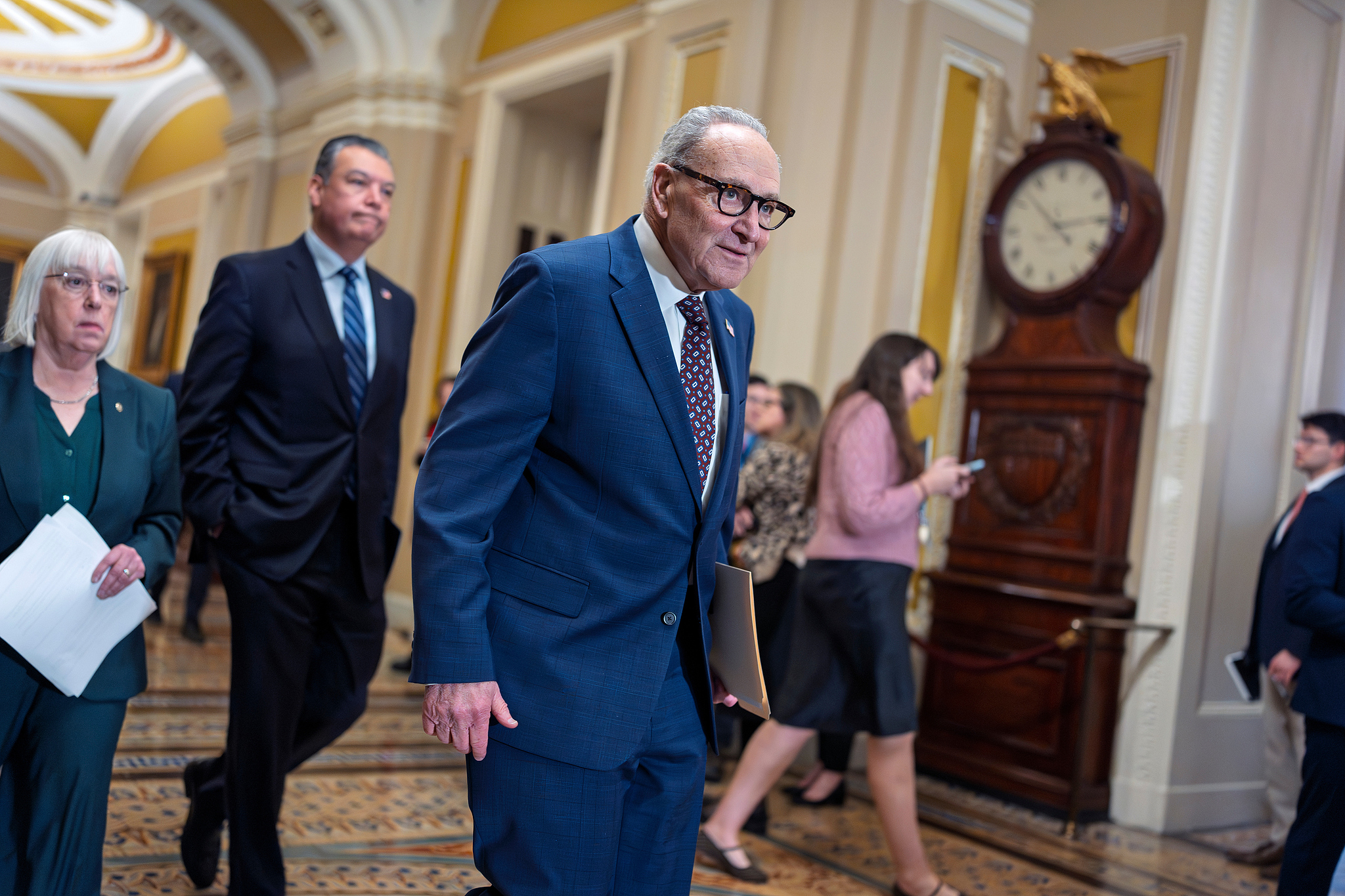 Senate Minority Leader Chuck Schumer, D-N.Y. arrives to meet reporters following a closed-door meeting with fellow Democrats at the Capitol in Washington, US, January 28, 2026. /VCG