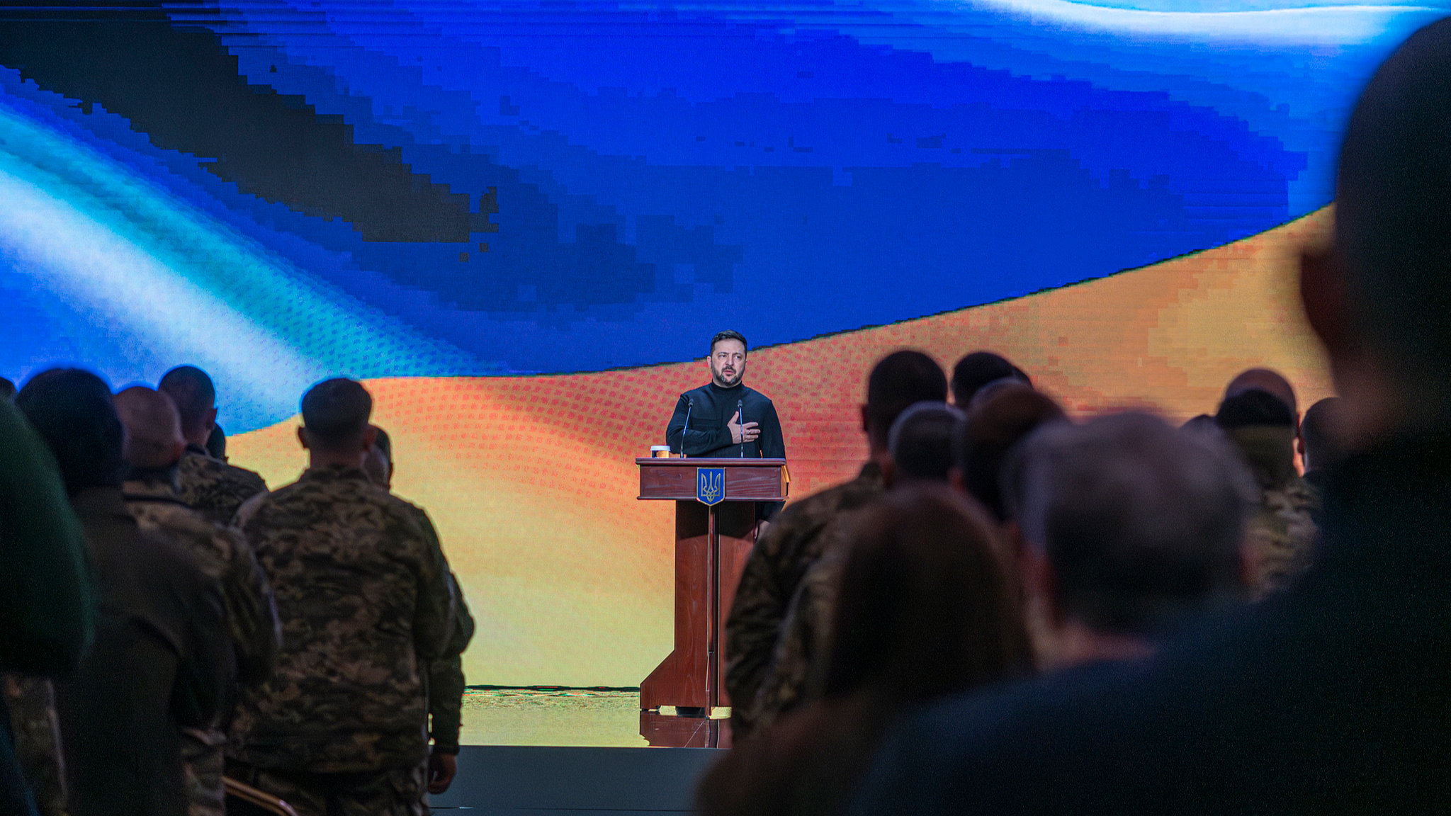 Ukrainian President Volodymyr Zelenskyy gives a speech during 