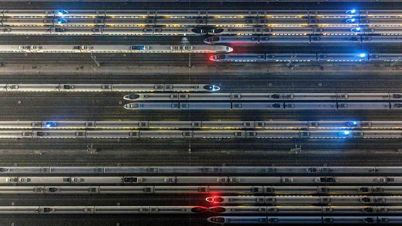 Rows of bullet trains stand ready for service at a maintenance base in Nanjing City, east China's Jiangsu Province, February 1, 2026. /VCG