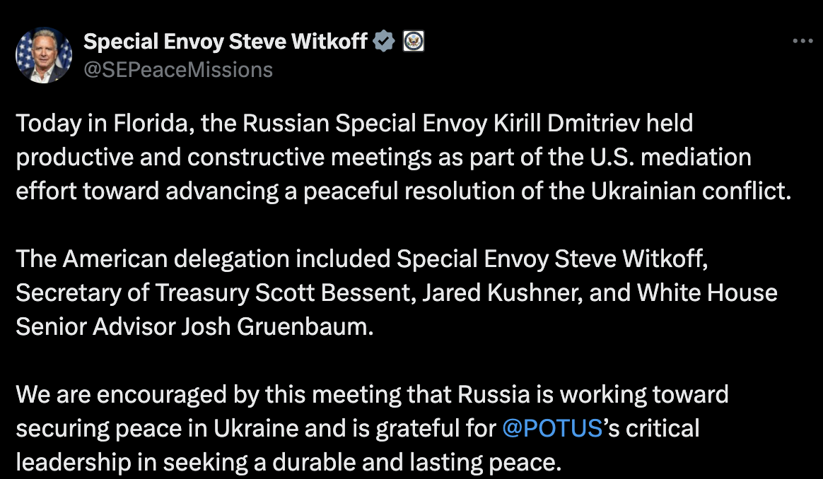A screenshot of U.S. presidential special envoy Steve Witkoff's post on X. /@SEPeaceMissions