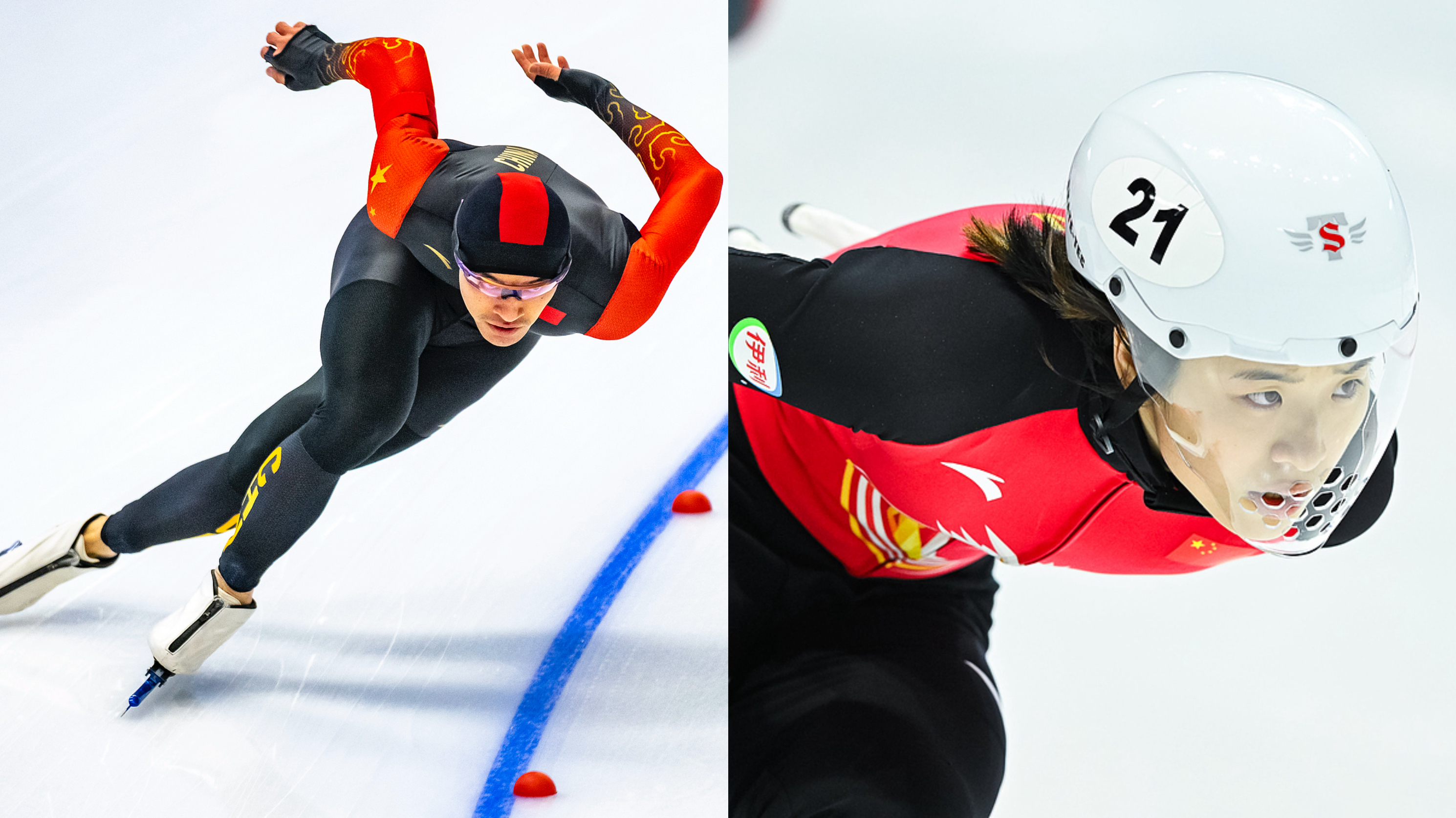 Ning Zhongyan of China competes during ISU World Cup Speed Skating (left), and Zhang Chutong races during the women's 1,000m heats at ISU Short Track World. /VCG 