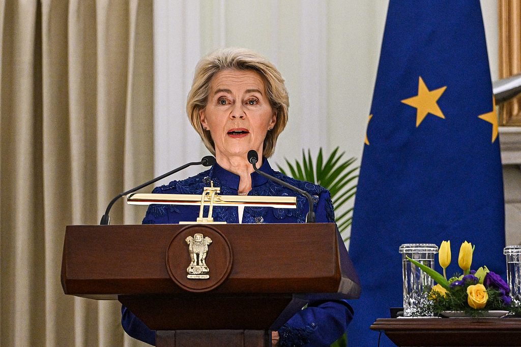 Ursula von der Leyen, president of the European Commission, speaking at a news conference at Hyderabad House in New Delhi, India, January 27, 2026. /VCG