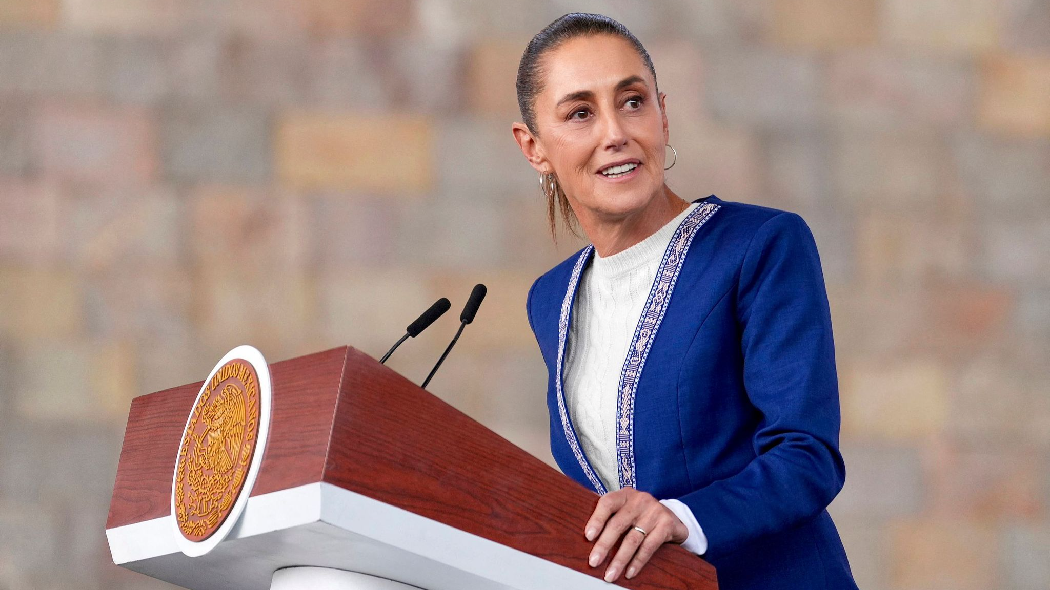 Mexico's President Claudia Sheinbaum speaking during the National Meeting for Investment Promotion at the National Museum of Anthropology in Mexico City on February 4, 2026. /VCG