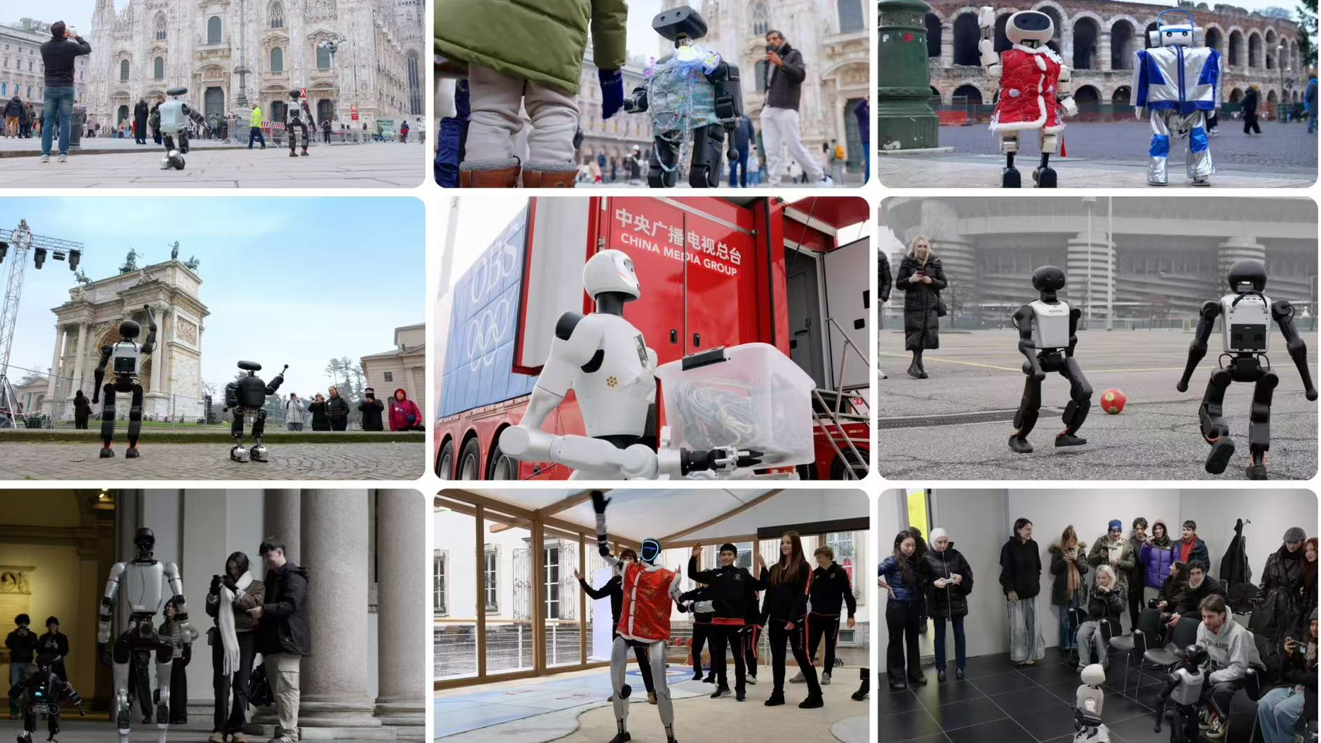Champion humanoid robots from the first World Humanoid Robot Games carry out different tasks in Italy during the Milano Cortina 2026 Olympic Winter Games. /CMG