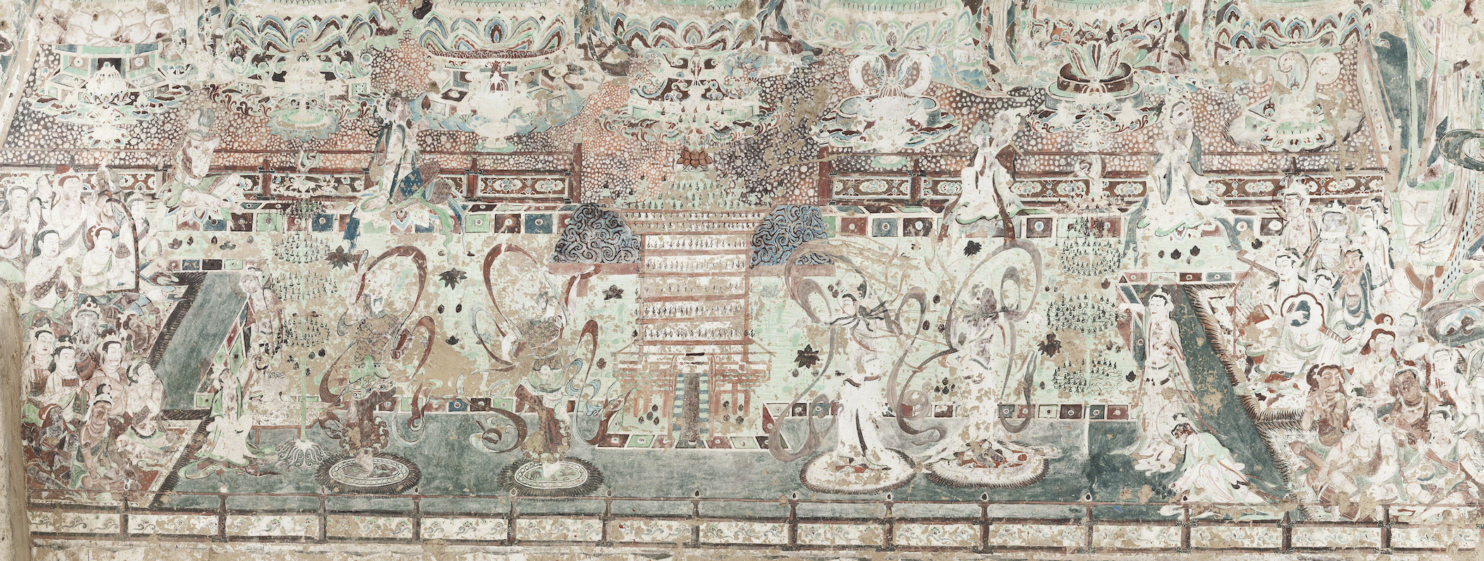 The bottom of the mural in Mogao Cave 220 at the Mogao Grottoes shows musicians and dancers performing. /Dunhuang Academy