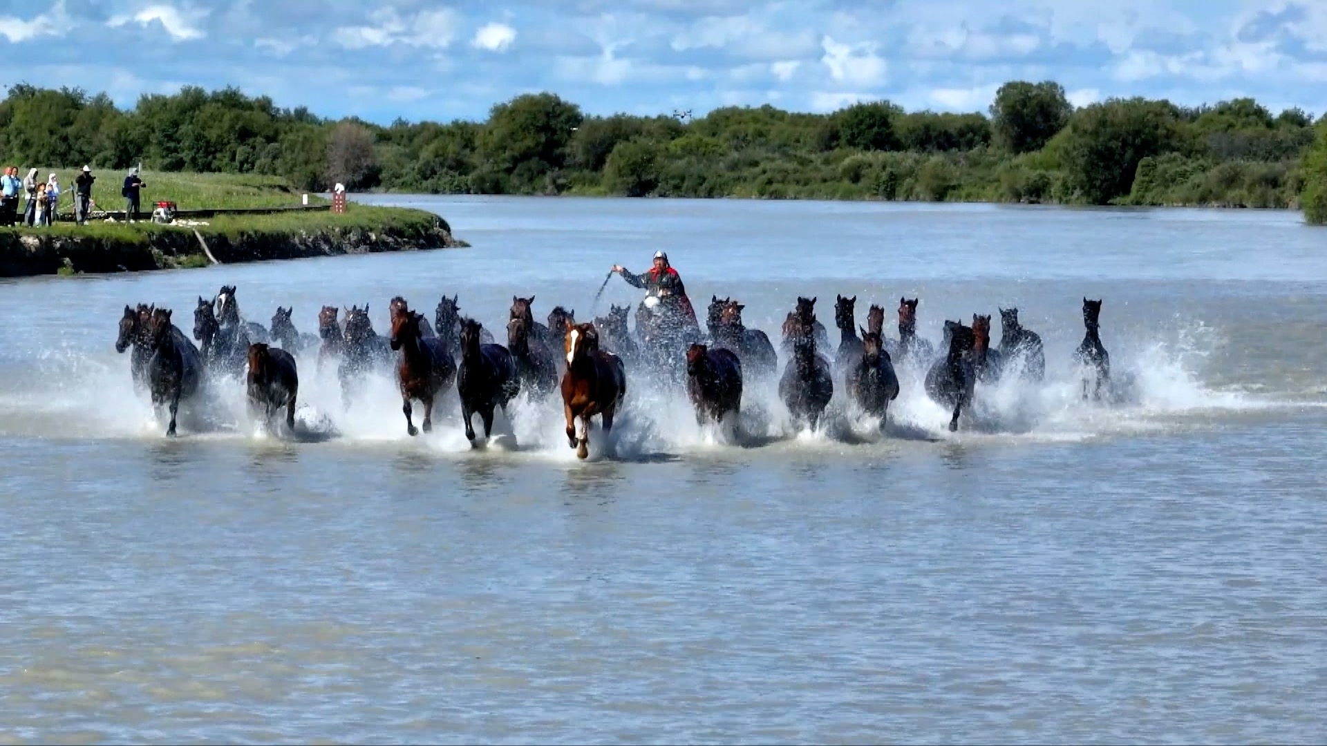 Local herdsmen drive a herd of Ili horses through the waterways. /CMG 