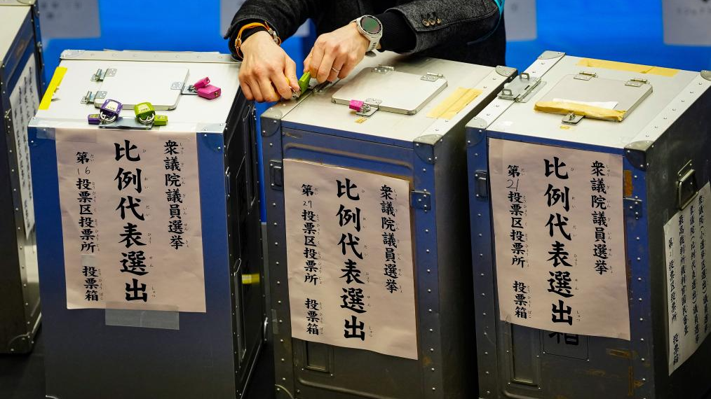 A staff member works in a counting station for the general election in Tokyo, Japan, February 8, 2026. /Xinhua