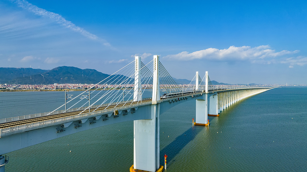 A high-speed train races across the Meizhou Bay Sea-Crossing Bridge on the Fuzhou-Xiamen High-Speed Railway in Quanzhou, southeast China's Fujian Province, November 3, 2023. /VCG