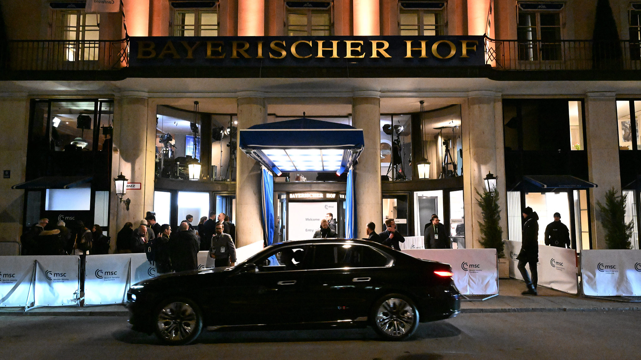 The main entrance to the Bayerischer Hof is seen in the evening during the 62nd Munich Security Conference, Munich, Germany, February 13, 2026. /VCG