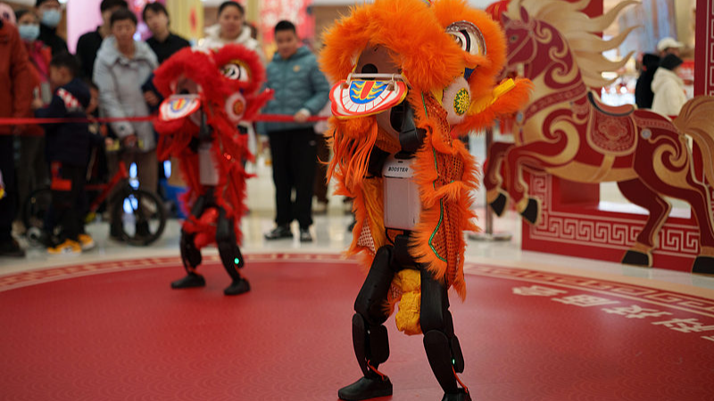 Visitors watch humanoid robots dressed in lion dance costumes perform during a media preview of a robotic temple fair ahead of Lunar New Year in Beijing, China, February 13, 2026. /VCG