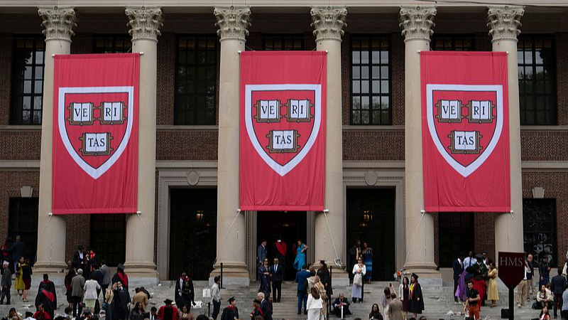 Harvard banners in front of Widener Library during the 374th Harvard Commencement in Harvard Yard in Cambridge, Massachusetts, on May 29, 2025. /VCG