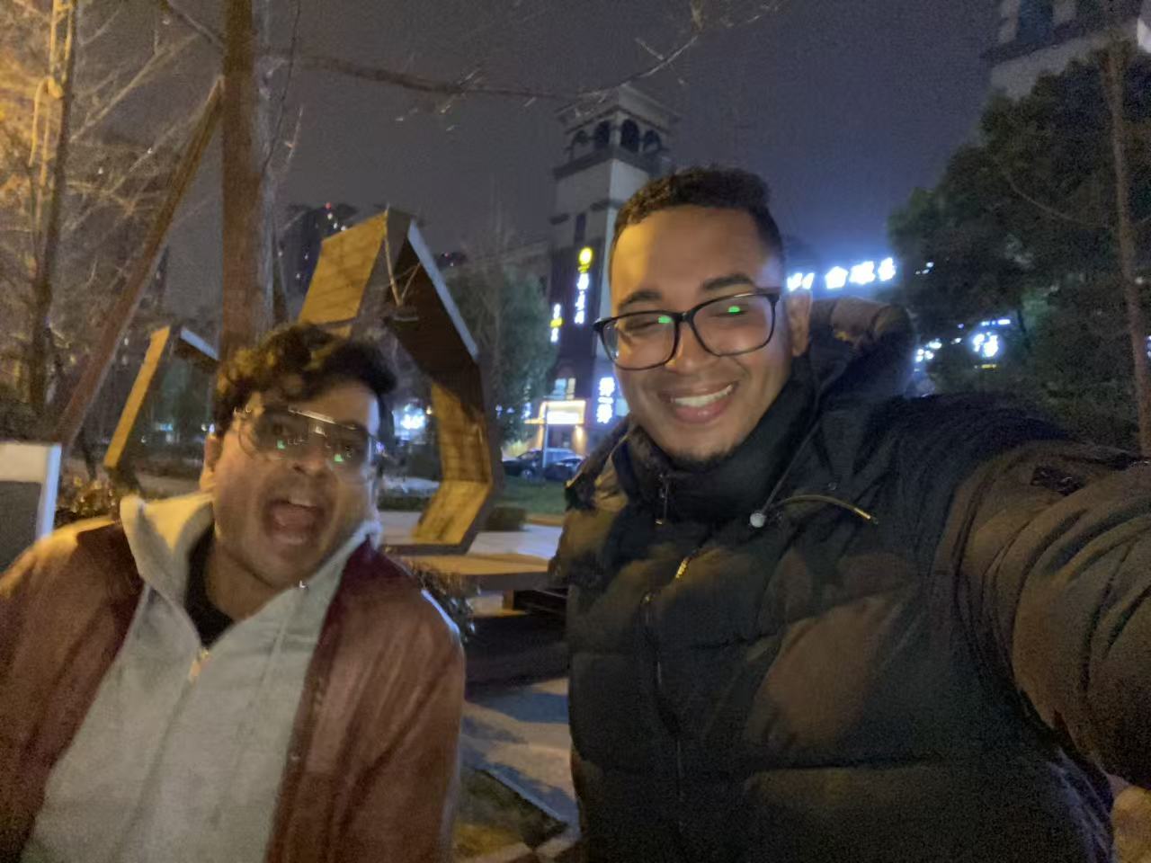 Cousins Wendyl Martin and Dale Balliah are seen in a selfie taken on a street in Chengdu, Sichuan Province. /CGTN