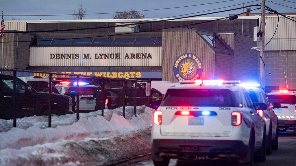 Police stand outside the perimeter they created around the Dennis M. Lynch Arena where a shooting occurred earlier today in Pawtucket, Rhode Island, February 16, 2026. /VCG