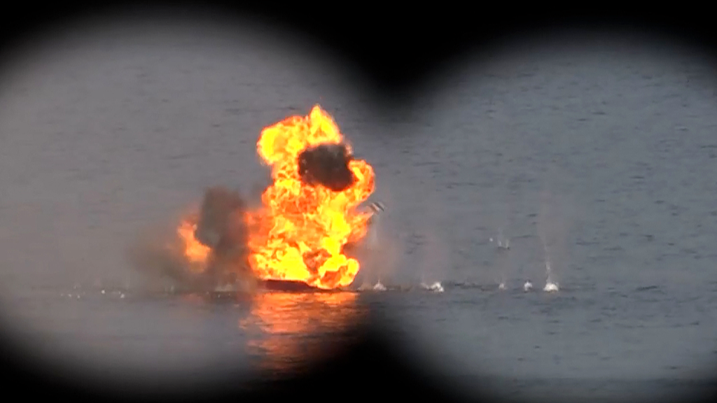 A target is hit during a military exercise by members of Iran's Revolutionary Guards Corps and navy in the Strait of Hormuz, February 16, 2026. /VCG