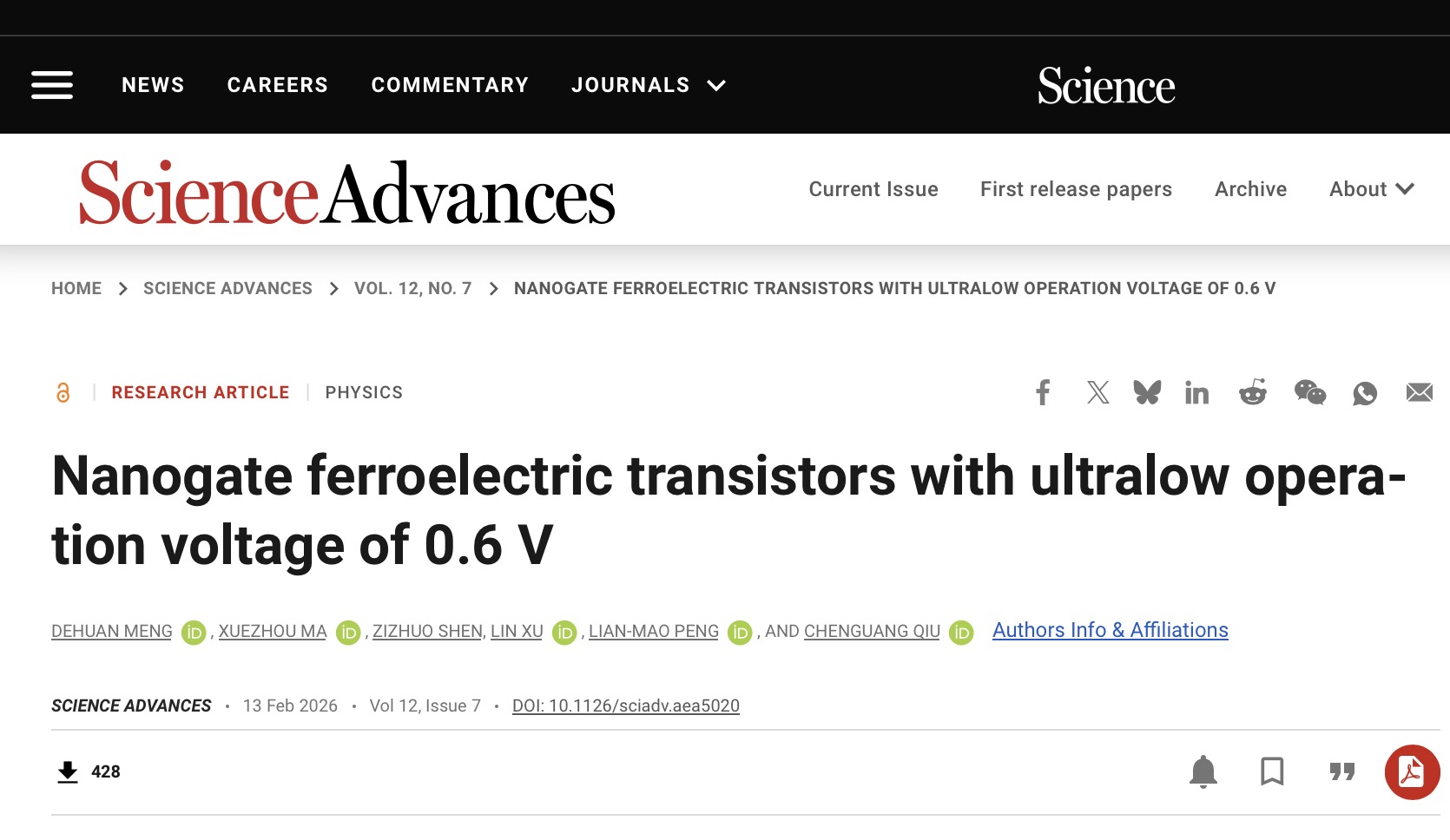 A screenshot of the study in the Science Advances journal. / Science
