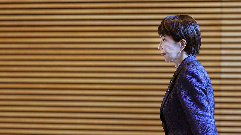 Japanese Prime Minister Sanae Takaichi arrives at the prime minister's office after being re-elected as PM in Tokyo, Japan, February 18, 2026. /VCG