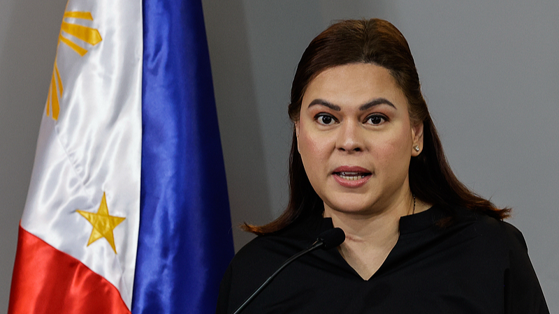 Philippine Vice President Sara Duterte delivers a statement during a press conference at her office in Mandaluyong City, Metro Manila, Philippines, February18, 2026. /VCG