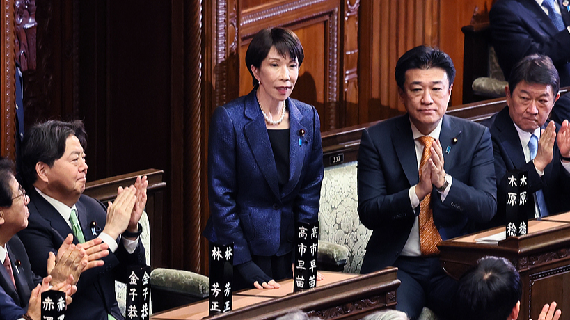 Sanae Takaichi, president of Japan's ruling Liberal Democratic Party, stands after elected as Japanese Prime Minister again during the House of Representatives plenary session at the Diet building in Tokyo, Japan, on February 18, 2026. /VCG