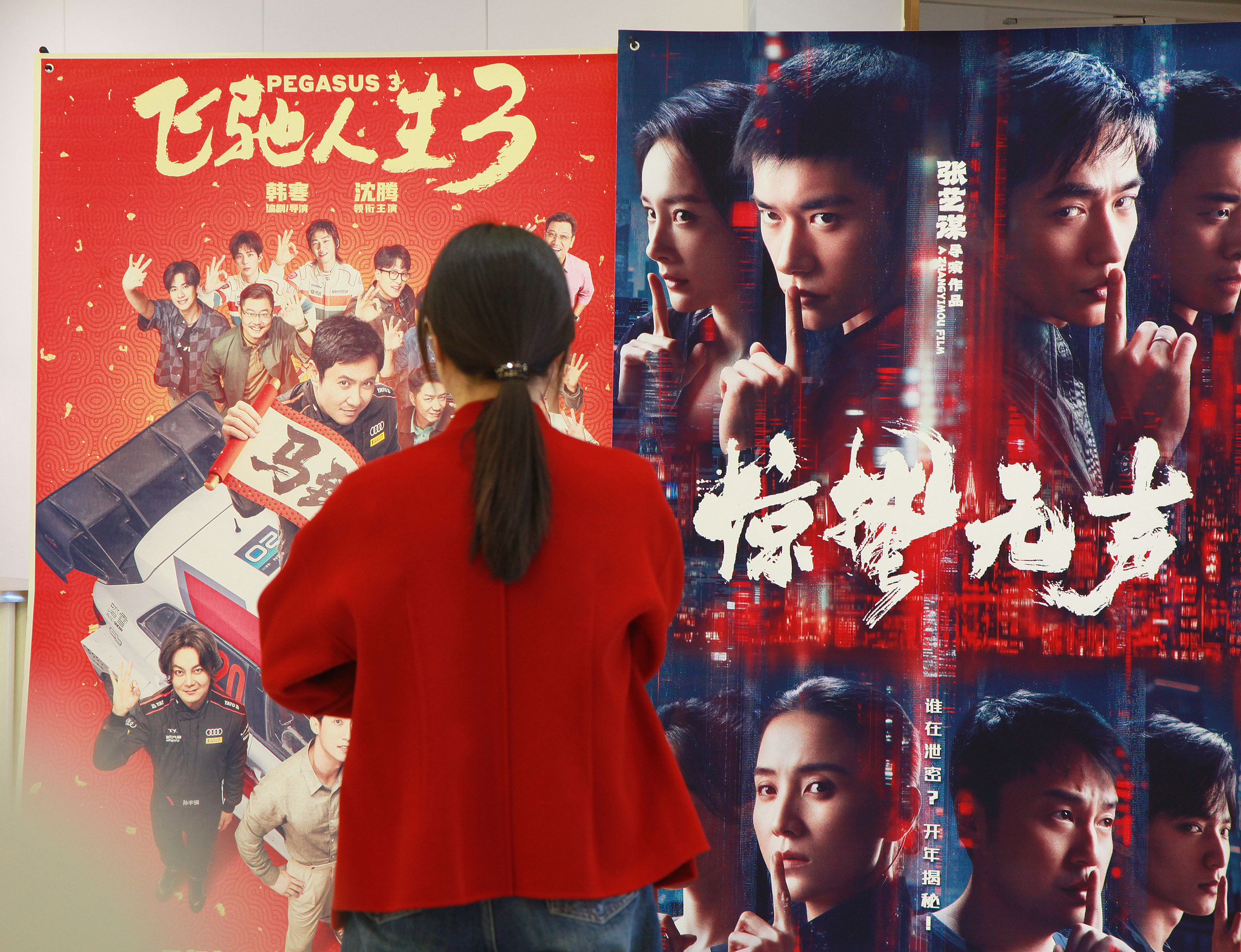 A cinemagoer stands in front of promotional cinematic posters for Pegasus 3 (Left) and Scare Out (Right), in Nanjing, Jiangsu Province, February 18, 2026. /VCG