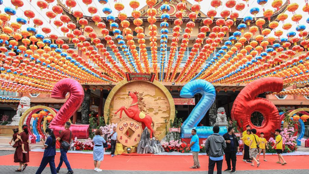People walk past an installation celebrating the Chinese New Year in Medan, North Sumatra, Indonesia, February 17, 2026. /Xinhua