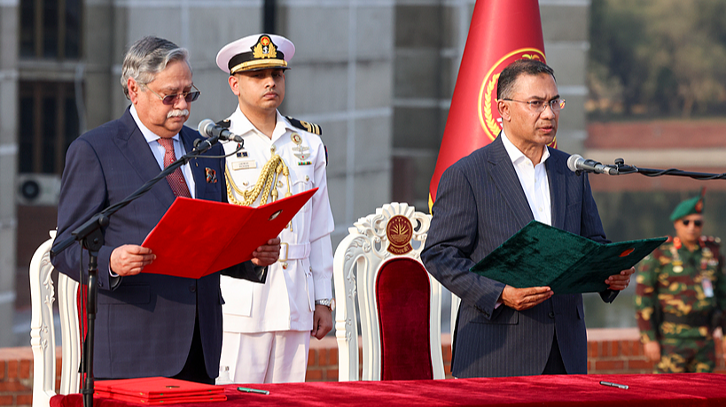 Tariq Rahman (R), chairman of the Bangladesh Nationalist Party (BNP), being sworn in as the 11th Prime Minister of Bangladesh at a ceremony at the South Plaza of the Jatiya Sangsad (National Parliament) in Dhaka, Bangladesh, on February 17, 2026. /CFP