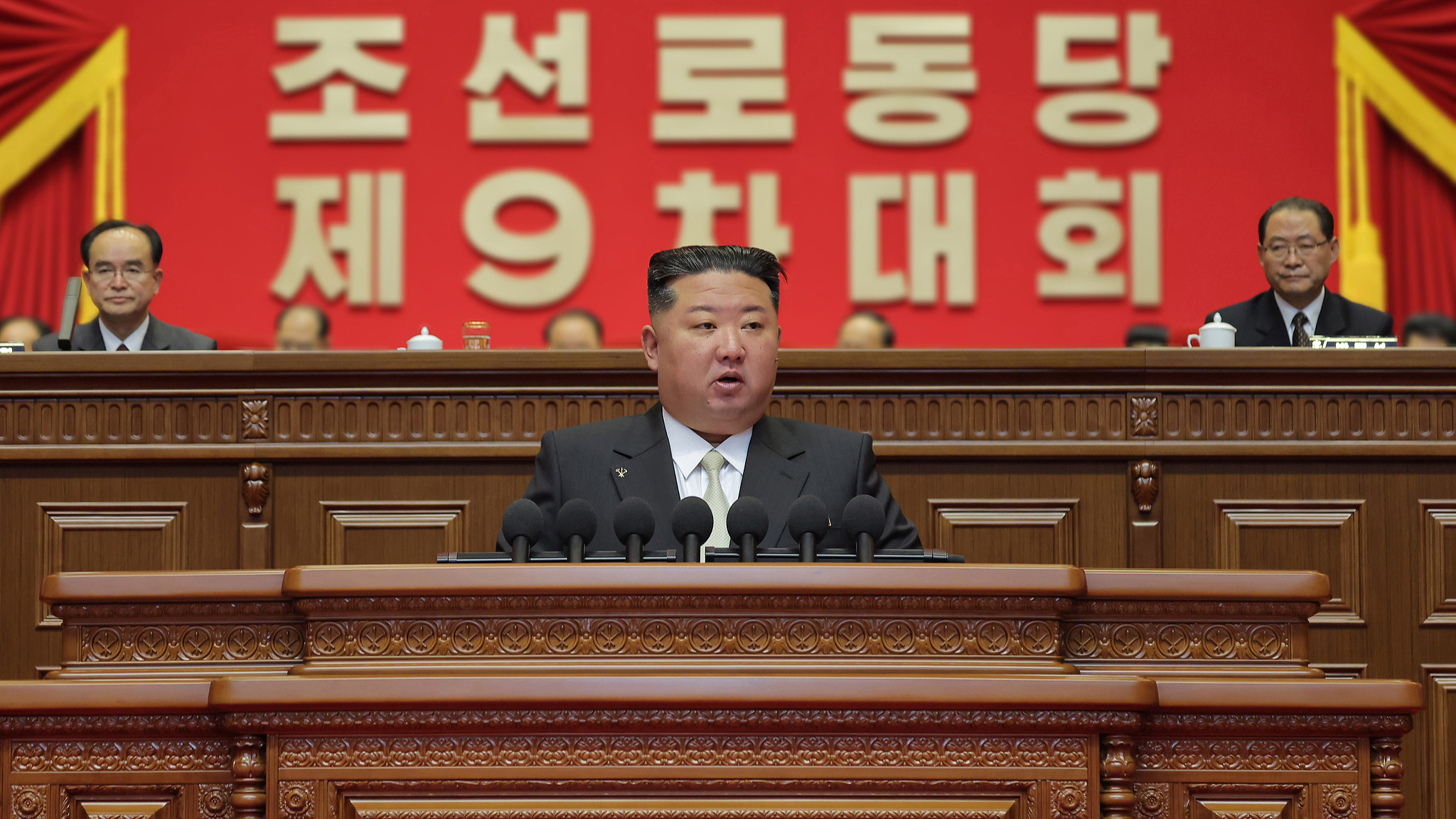 DPRK leader Kim Jong Un (C) speaks during the opening of the Ninth Congress of the Workers' Party of Korea (WPK) in Pyongyang, DPRK, February 19, 2026. /VCG