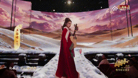 A scene of AI-generated swirling petals in line with the movement of the performer at the gala./ CMG