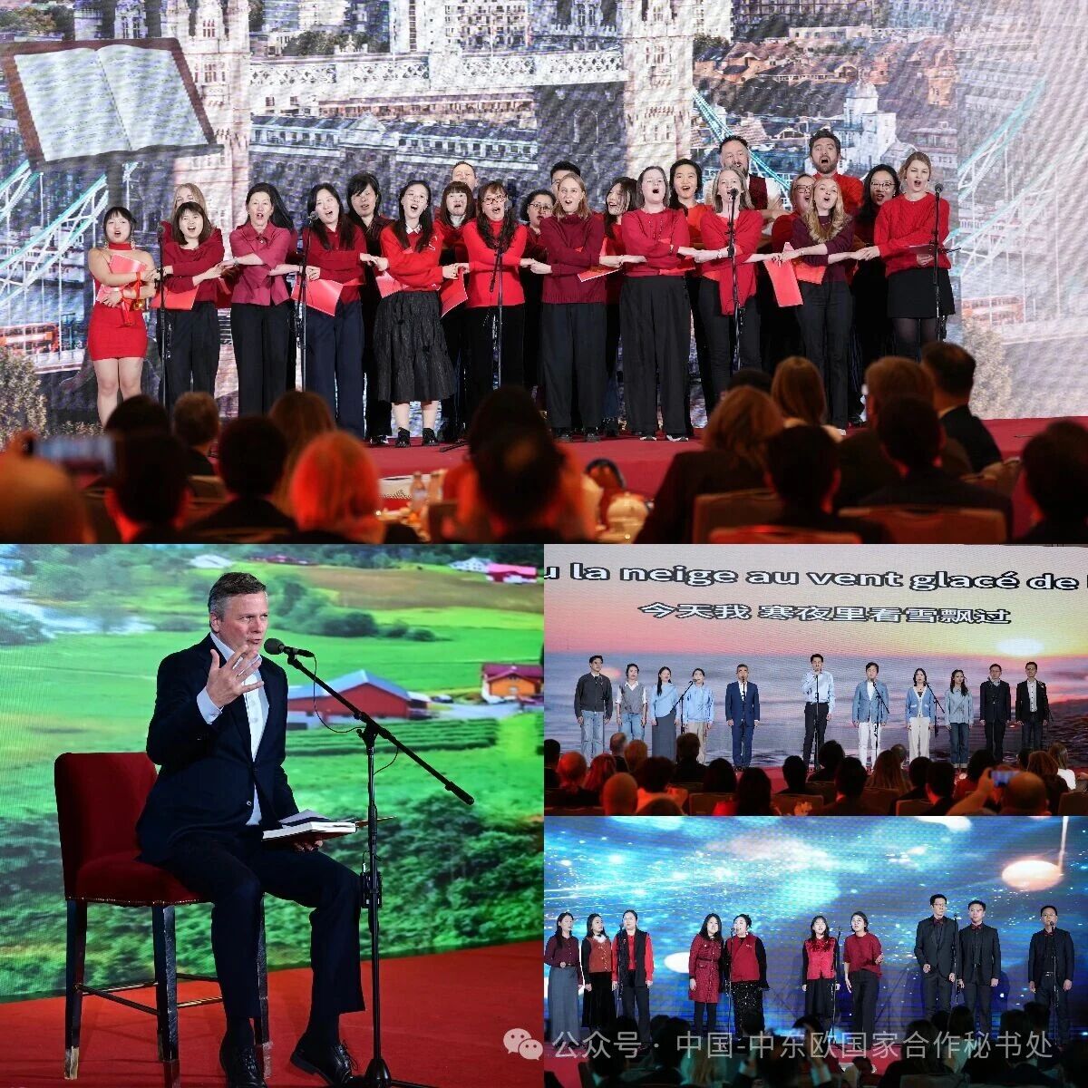 Multiple photos show different performances, such as chorus and solo, at the China-Europe Diplomats Spring Festival Gala. /Courtesy of the Secretariat of Cooperation between China and Central and Eastern European Countries