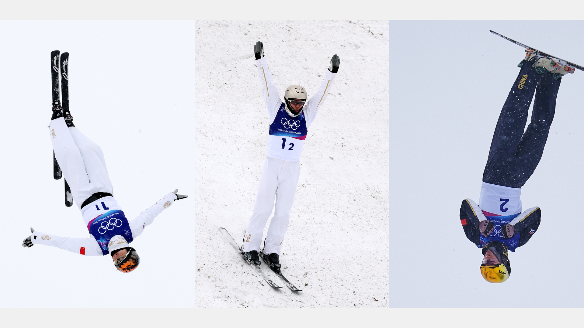 L-R: Xu Mengtao, Wang Xindi and Li Tianma of China compete in the mixed team aerials freestyle skiing final at the 2026 Milano Cortina Winter Olympics in Livigno, Italy, February 21, 2026. /VCG
