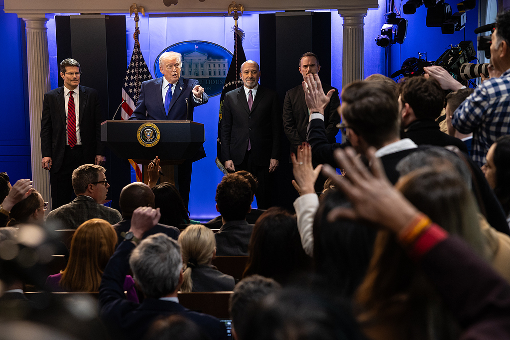 US President Donald Trump calls on a reporter during a press conference at the White House after the Supreme Court struck down his sweeping tariffs, Feb. 20, 2026. /VCG