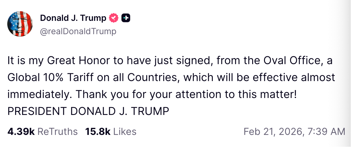 US President Donald Trump posts on his social media platform, Feb. 21, 2026. /Truth Social 