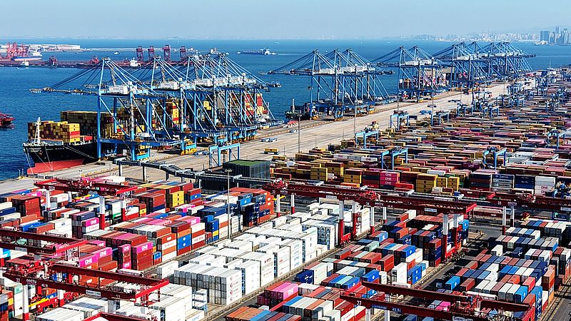 The container terminal of Qingdao Port shows a bustling scene in China's Shandong Province, February 16, 2026. /CFP