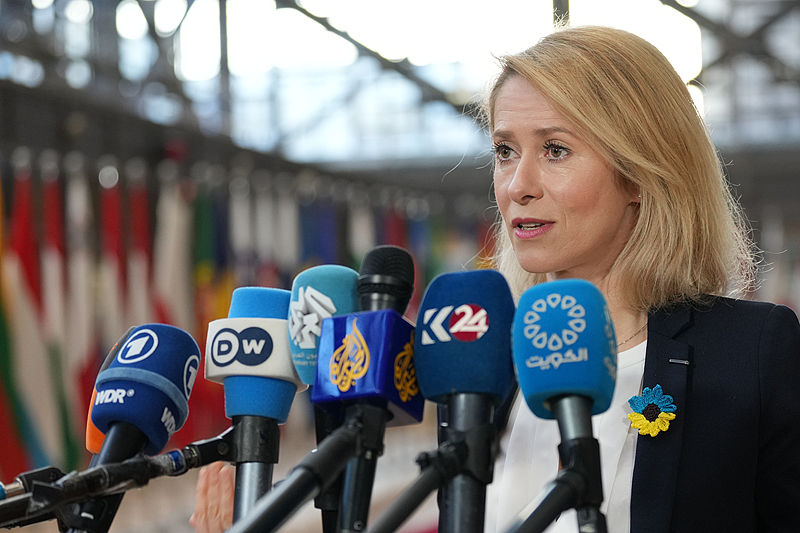 European Union foreign policy chief Kaja Kallas speaks with the media as she arrives for a meeting of EU foreign ministers at the European Council building in Brussels, February 23, 2026. /VCG