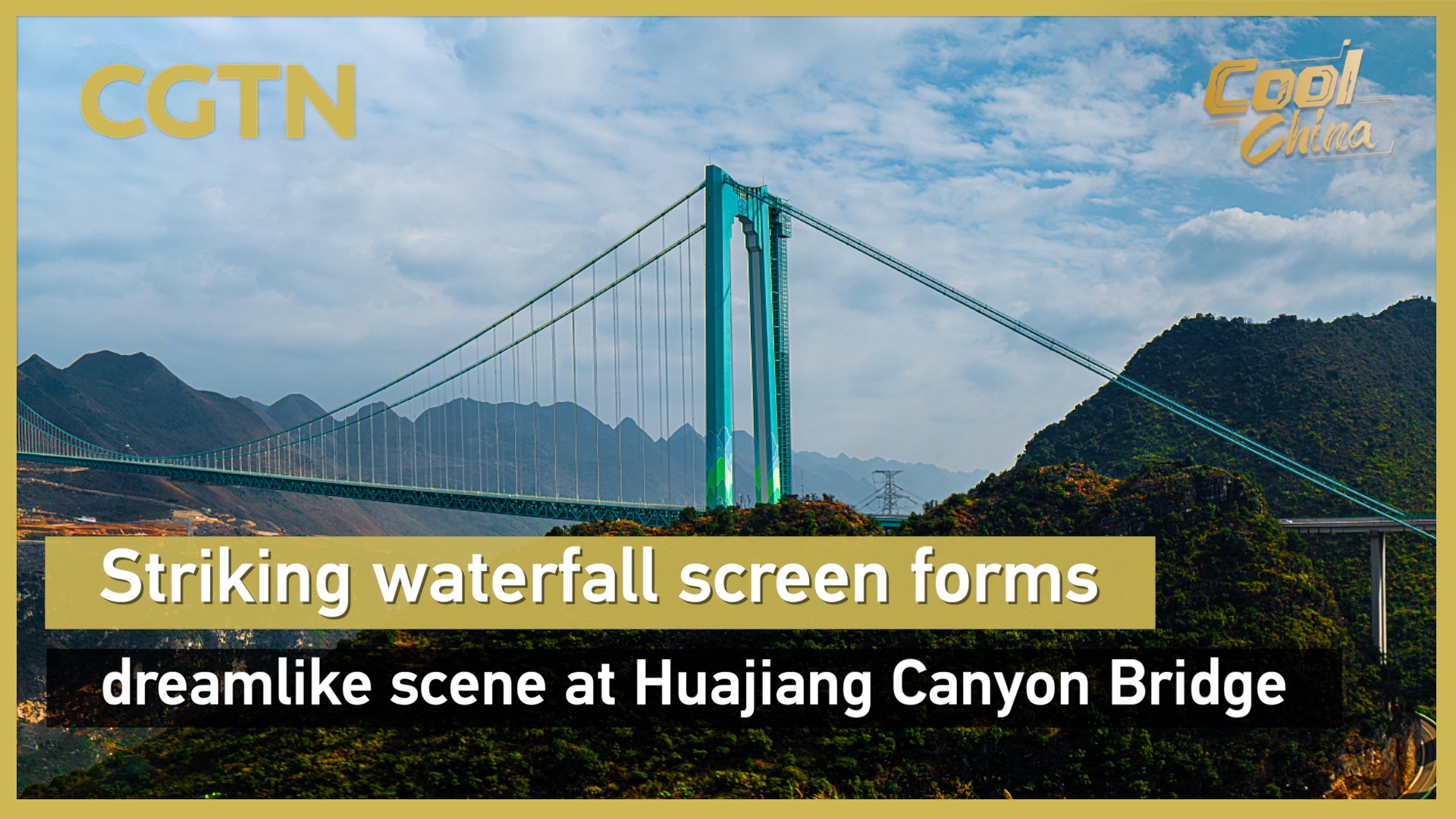 Striking waterfall screen creates dreamlike scene over Chinese bridge