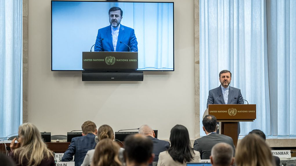 Iran's Deputy Foreign Minister Kazem Gharibabadi addresses the audience during a conference in Geneva, Switzerland, February 23, 2026. /VCG