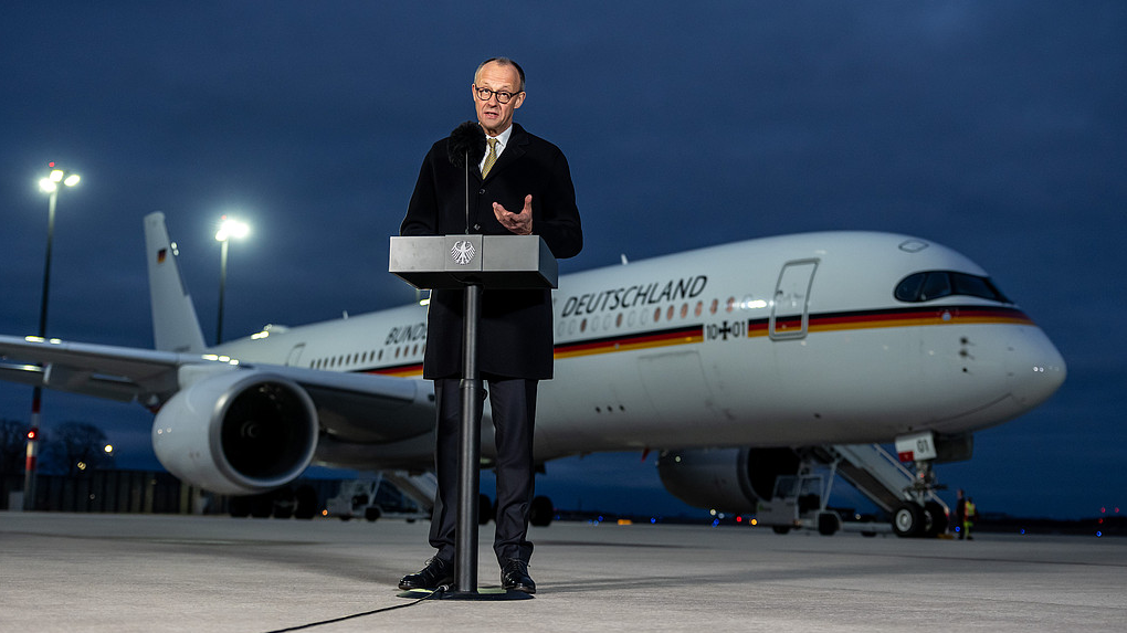 German Chancellor Friedrich Merz speaks during a press statement before his departure for China, in Brandenburg, Germany, February 24, 2026. /VCG