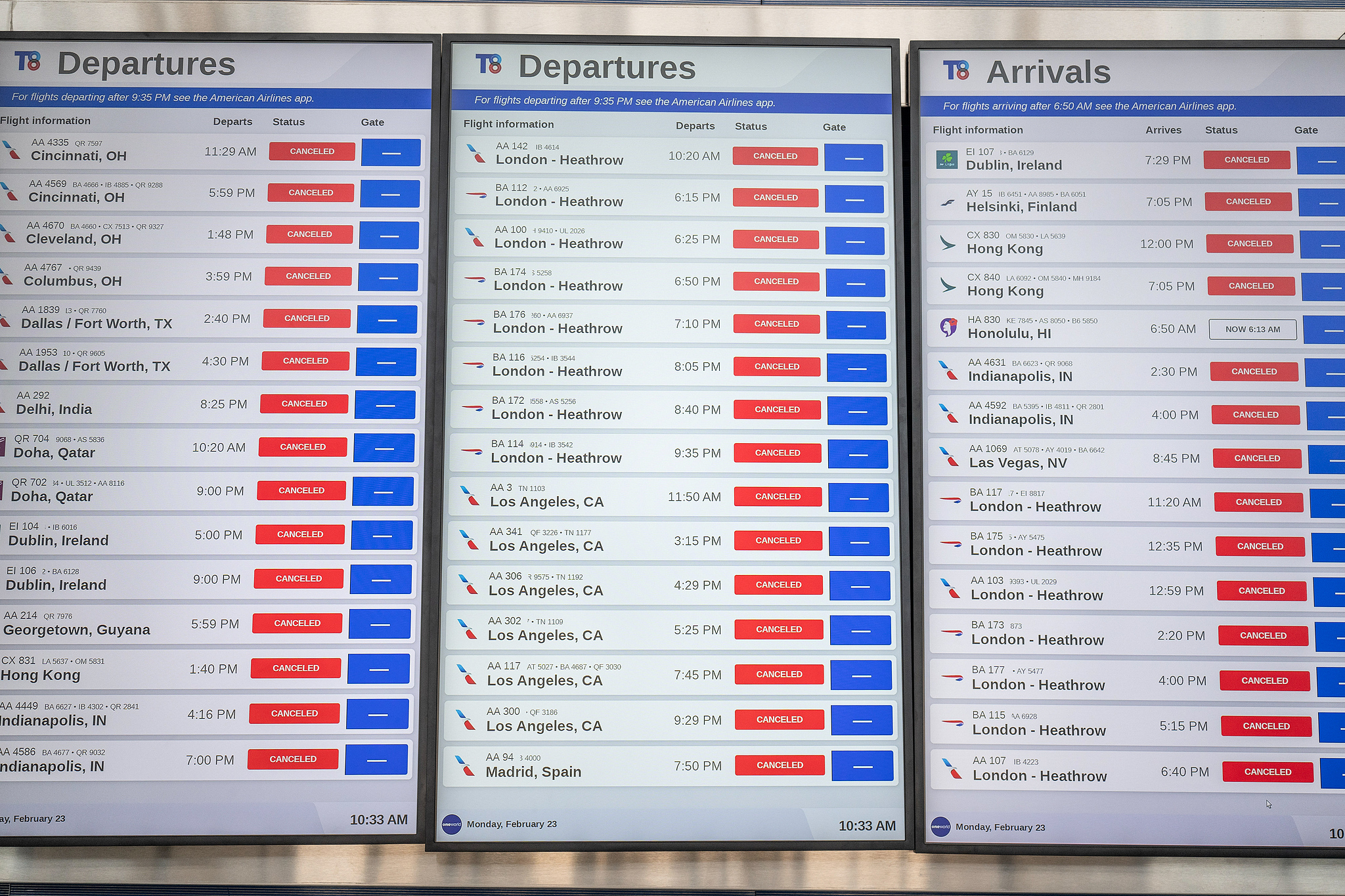 A flight information board at John F. Kennedy International Airport in New York, the U.S., February 23, 2026. /VCG