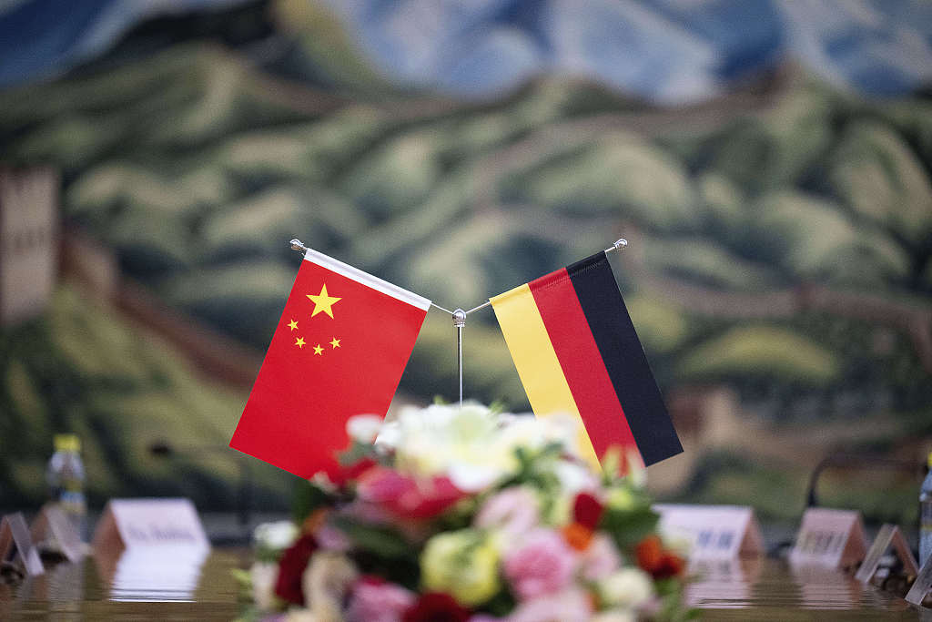 A German and Chinese flag stand on a table during a discussion before the kick-off meeting of the Sino-German Climate and Transformation Dialogue with the National Reform and Development Commission in Beijing, China, June 22, 2024. /CFP 