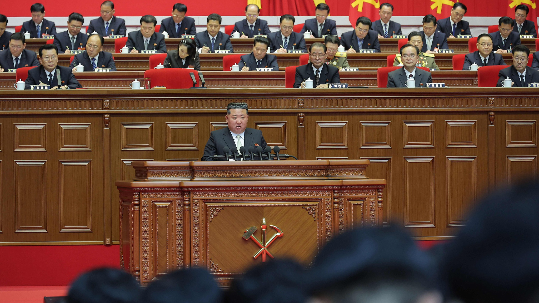 Kim Jong Un, general secretary of the Workers' Party of Korea, delivers a work review report during sessions of the ruling party's Ninth Congress in Pyongyang, Democratic People's Republic of Korea, February 26, 2026. /VCG
