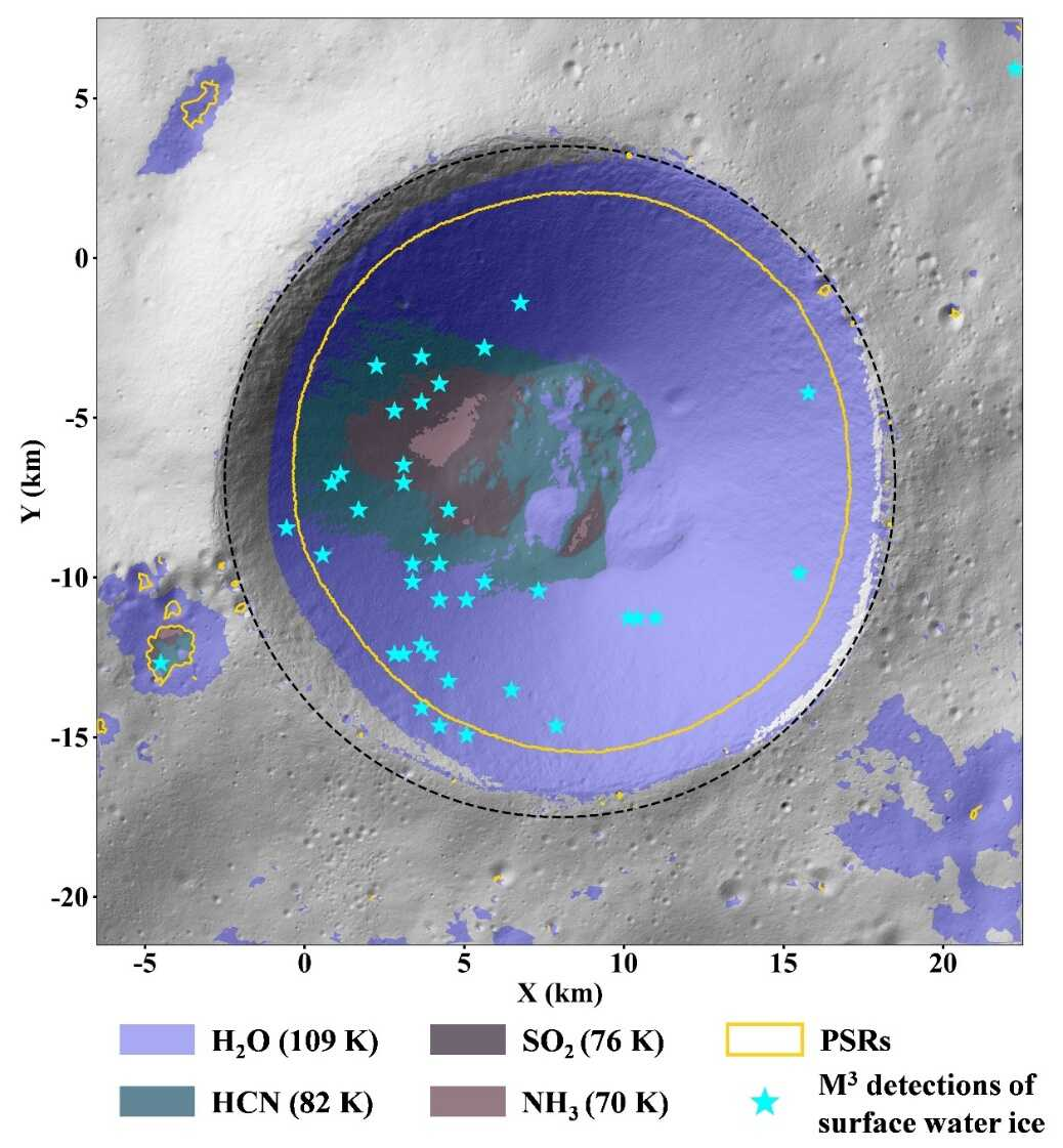 Stable regions for volatiles like water ice within Shackleton Crater and its surrounding areas. /CMG