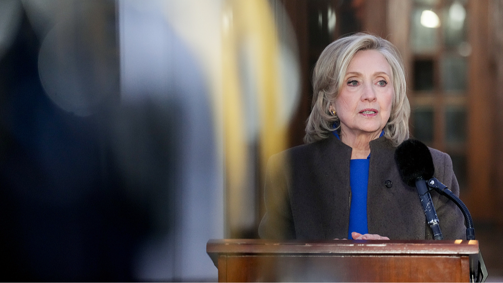 Former U.S. Secretary of State, Hillary Clinton, speaks to members of the media outside the Chappaqua Performing Arts Center in New York, U.S., February 26, 2026. /VCG