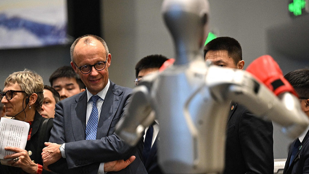 German Chancellor Friedrich Merz visits a showroom of Unitree Robotics products in Hangzhou City, east China's Zhejiang Province, February 26, 2026. /VCG