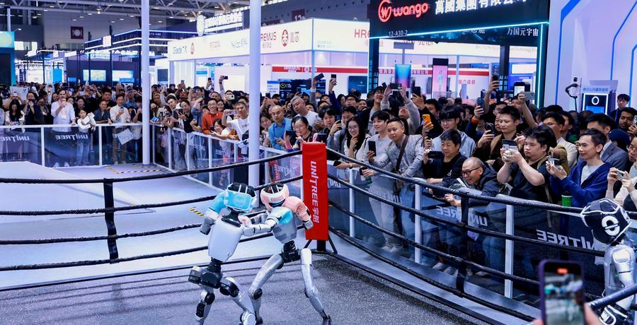 Two humanoid robots perform a session of fighting during the 27th China Hi-Tech Fair in Shenzhen, south China's Guangdong Province, November 14, 2025. /Xinhua