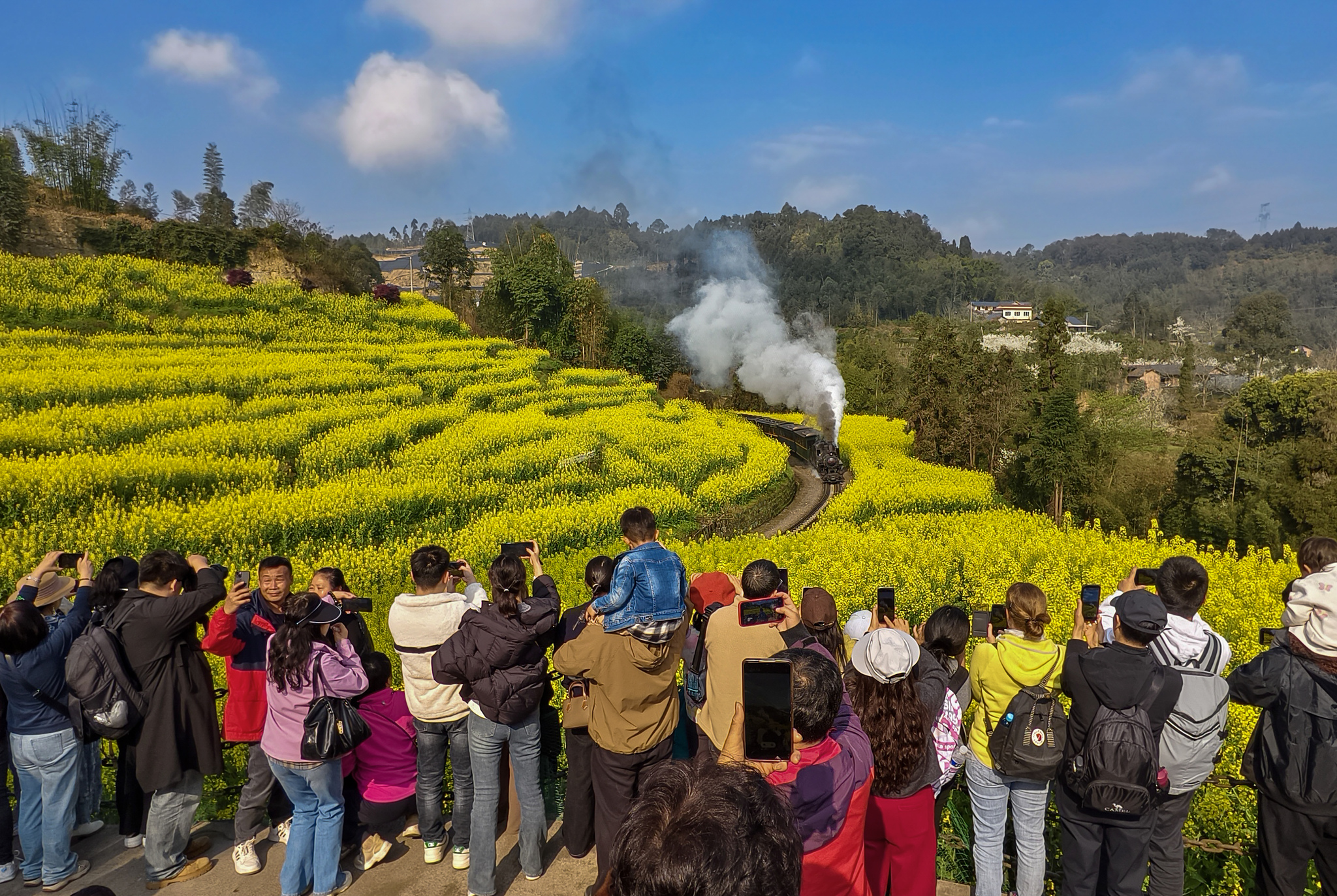 Visitors pose for photos with the Jiayang steam train in Leshan, Sichuan Province on February 27, 2026. /VCG