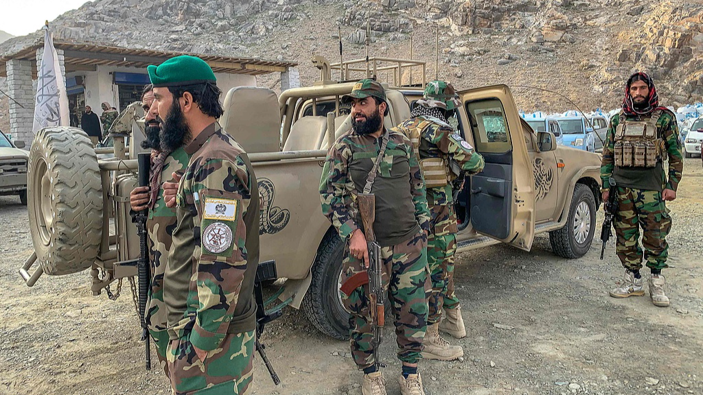 Taliban security personnel stand guard near the Torkham border crossing between Afghanistan and Pakistan in the Nangarhar province, February 27, 2026. /VCG
