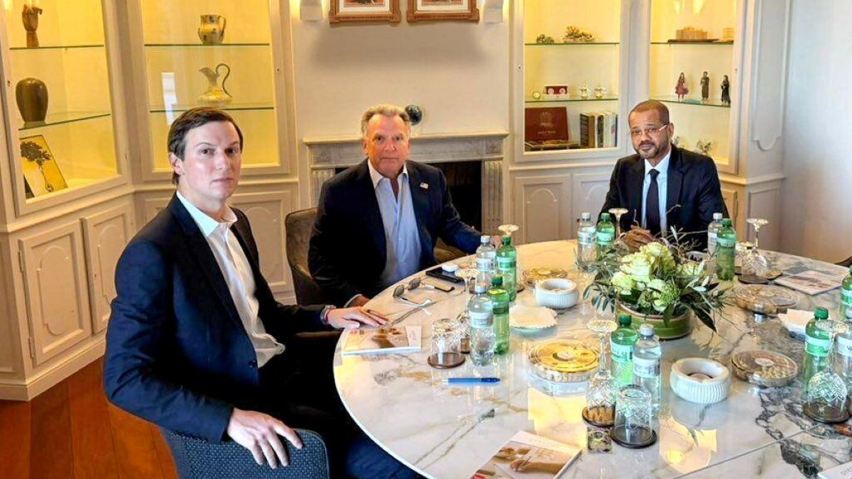 Oman's Minister of Foreign Affairs Sayyid Badr bin Hamad bin Hamood Albusaidi (right) holds a meeting with White House special envoy Steve Witkoff (center) and Jared Kushner as part of the ongoing Iranian-American negotiations in Geneva, February 26, 2026. /Foreign Ministry of Oman via AP