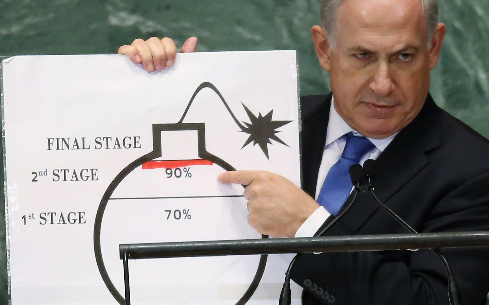 Benjamin Netanyahu, Prime Minister of Israel, points to a red line he drew on a graphic of a bomb while addressing the United Nations General Assembly in New York, the United States. September 27, 2012. /VCG