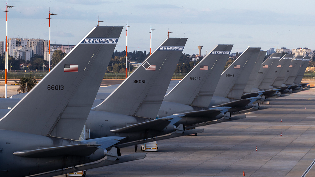 The tail sections of nine U.S. Air Force Boeing KC-135 Stratotanker aerial refueling tanker aircraft parked outside Tel Aviv, Israel, February 27, 2026. /VCG